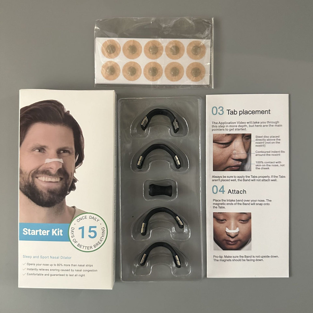 15-pair starter kit with adhesive tabs, 4 magnetic bands and the instruction card