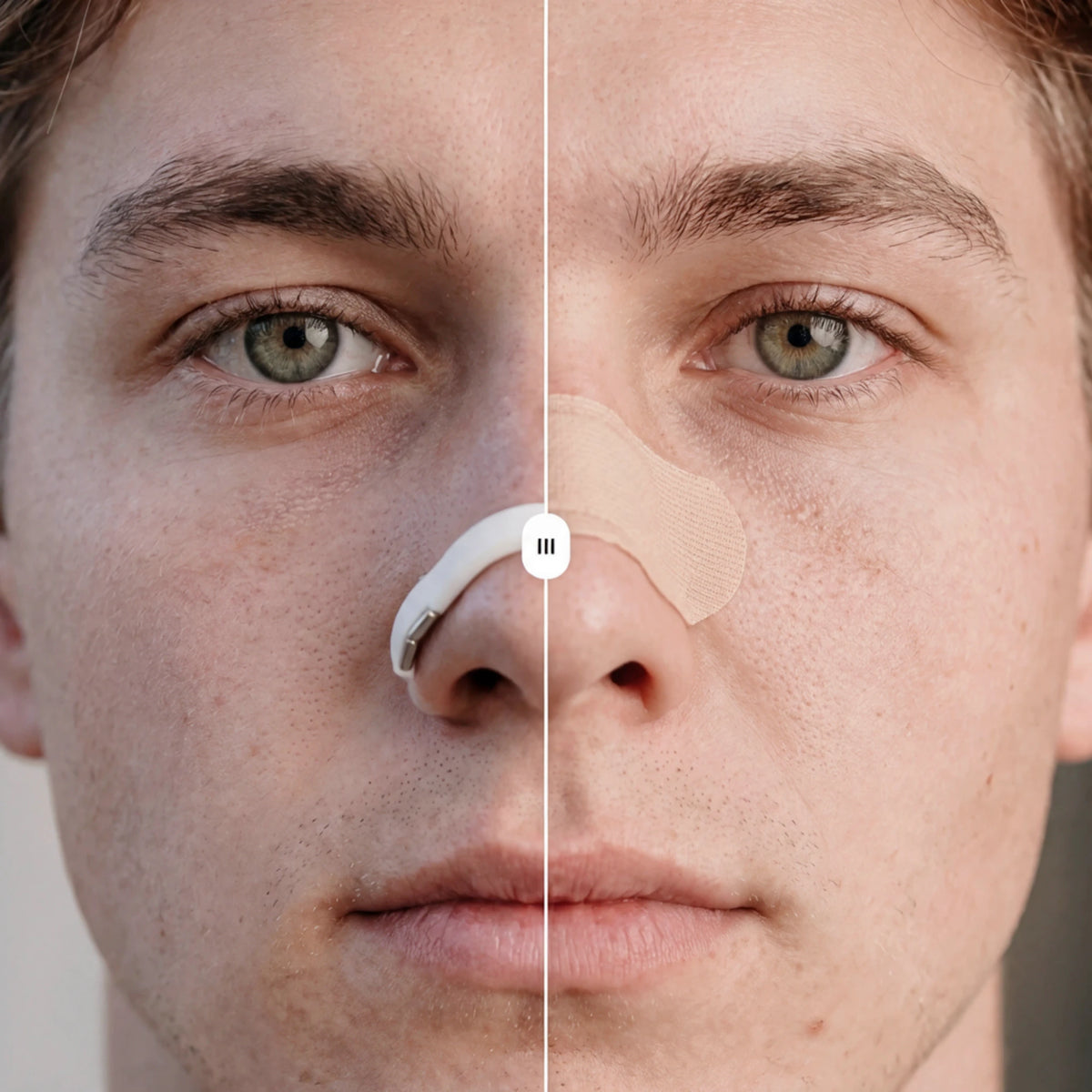 Side by side: a magnetic nasal band on the left half of a face, a classic adhesive nasal strip on the right half